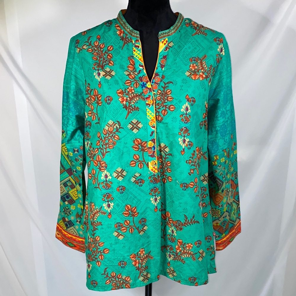 BIBA Turquoise Floral Cotton Kurta Tunic Top Size 12 US 42 India